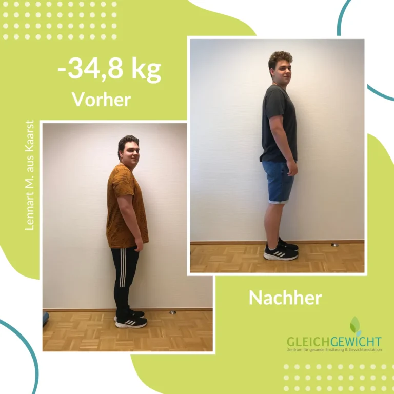 Vorher-Nachher-Bild einer Gewichtsabnahme von 34,8 kg.