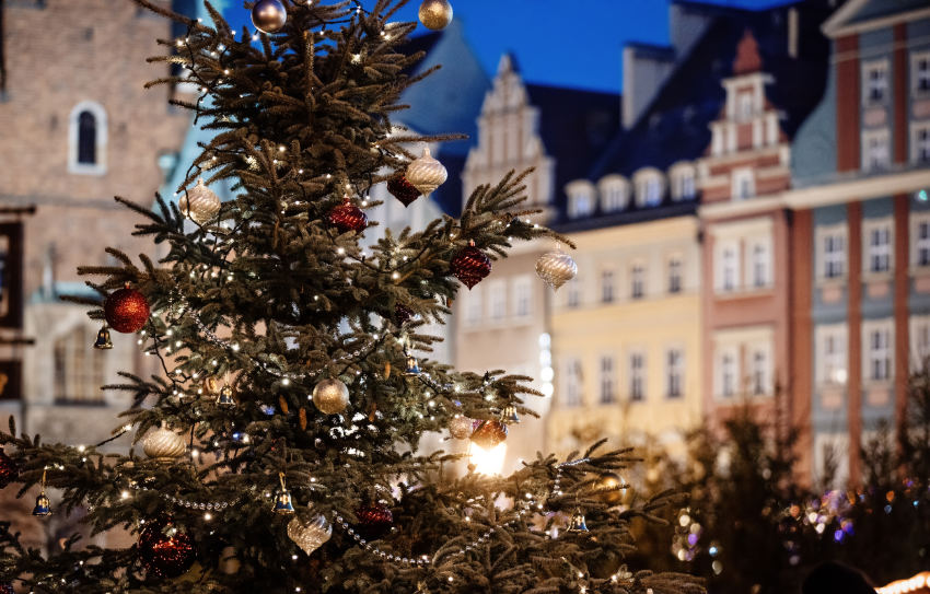 Festlich dekorierter Weihnachtsbaum vor Altstadtgebäuden.